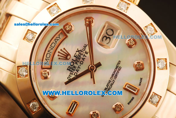 Rolex Day Date Oyster Perpetual Swiss ETA 2836 Automatic Movement Rose Glod Case with Diamond Bezel and Diamond Markers-Rose Gold Strap - Click Image to Close